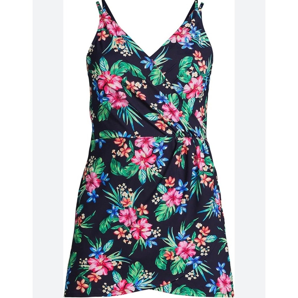 Lands End  Medium 10-12 Tulip hem Floral Swim Dress Navy Blue Tropical  surplice